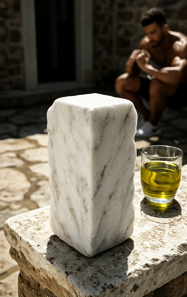 Sunlit Greek marble fragment symbolizing structured discipline